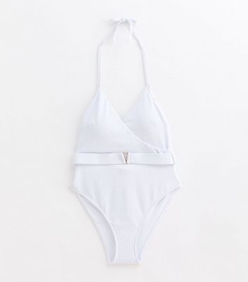 White Wrap-Front Textured Belted Swimsuit New Look