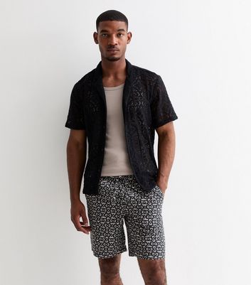 Men's Jack & Jones Black Patterned Drawstring Shorts New Look