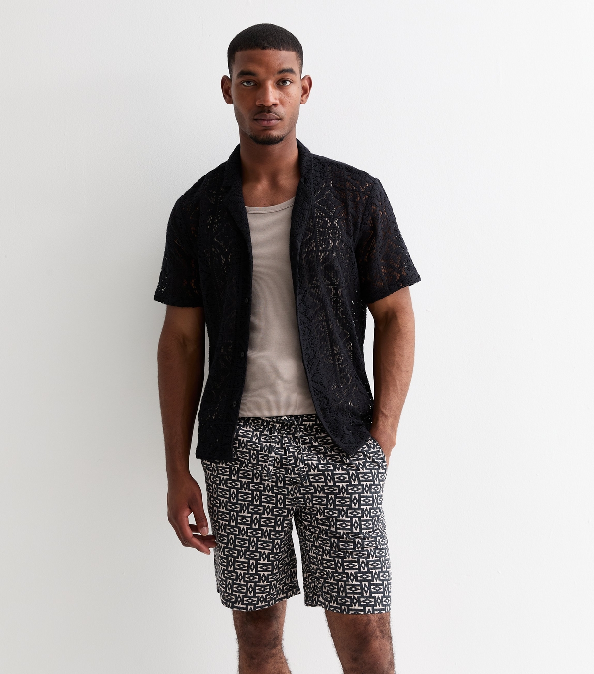 Men's Black Patterned Drawstring Shorts Jack & Jones New Look