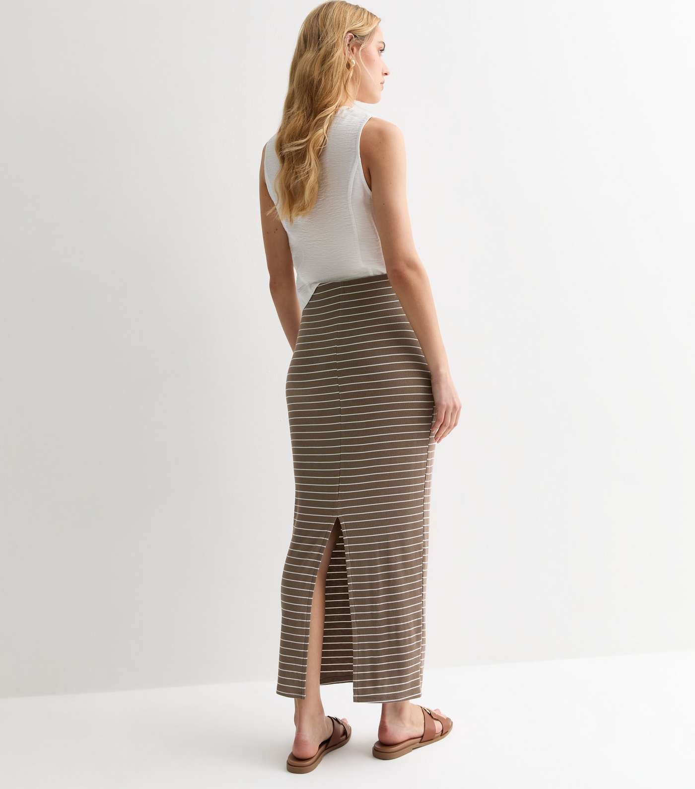 Off White Stripe High Waist Print Midi Skirt Image 4