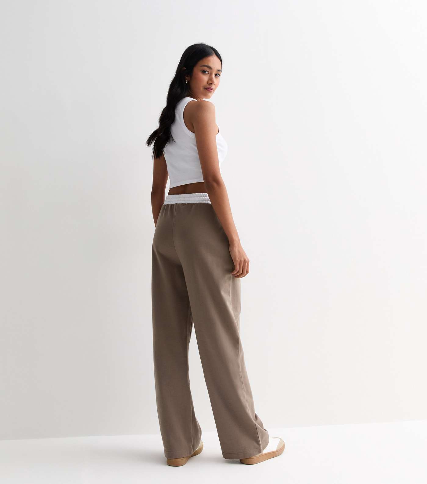 Brown Contrast Waistband Wide Leg Joggers Image 4