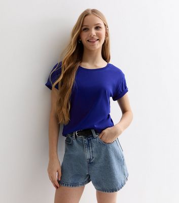 Girls Blue Short Roll Sleeve T-Shirt New Look