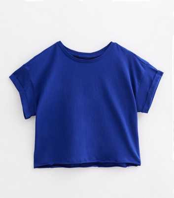 Blue Cotton Rolled-Sleeve Cropped T-Shirt