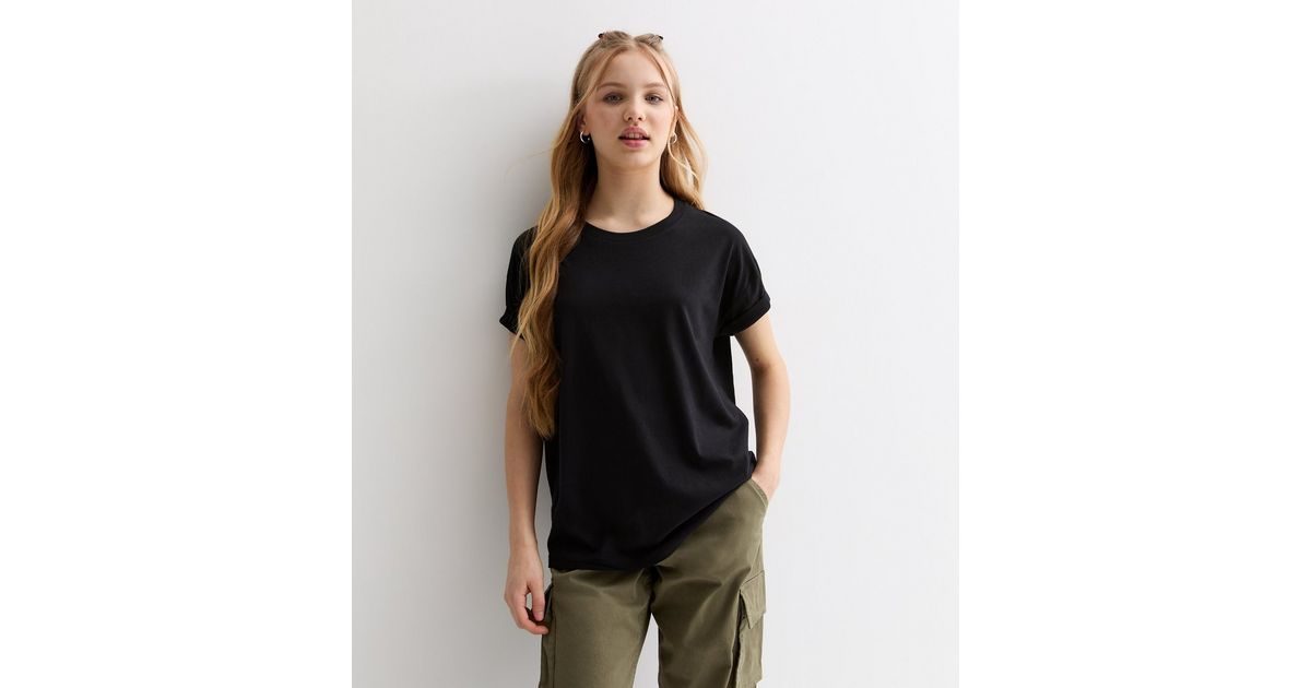 Women's Embellished Typography Black Relaxed Fit T-Shirt