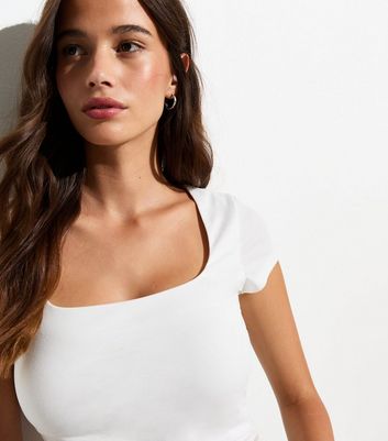 White Stretch Cotton Square-Neck Crop Top New Look