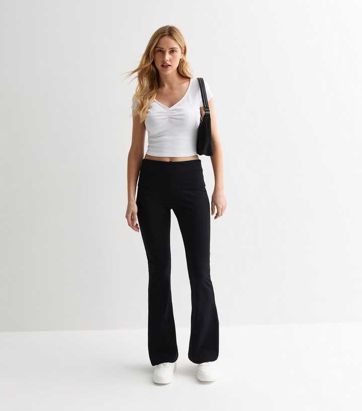 Black Foldover-Waist Flare Legging