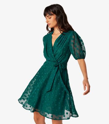 Apricot Dark Green Spot Wrap Mini Dress New Look