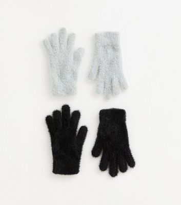 2 Pack of Black Grey Fluffy Gloves New Look