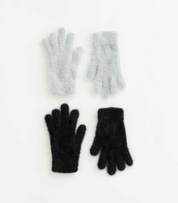 2 Pack of Black Grey Fluffy Gloves 