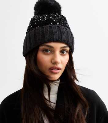 Black Sequinned Bobble Hat