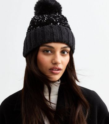 Black sparkle bobble hat on sale