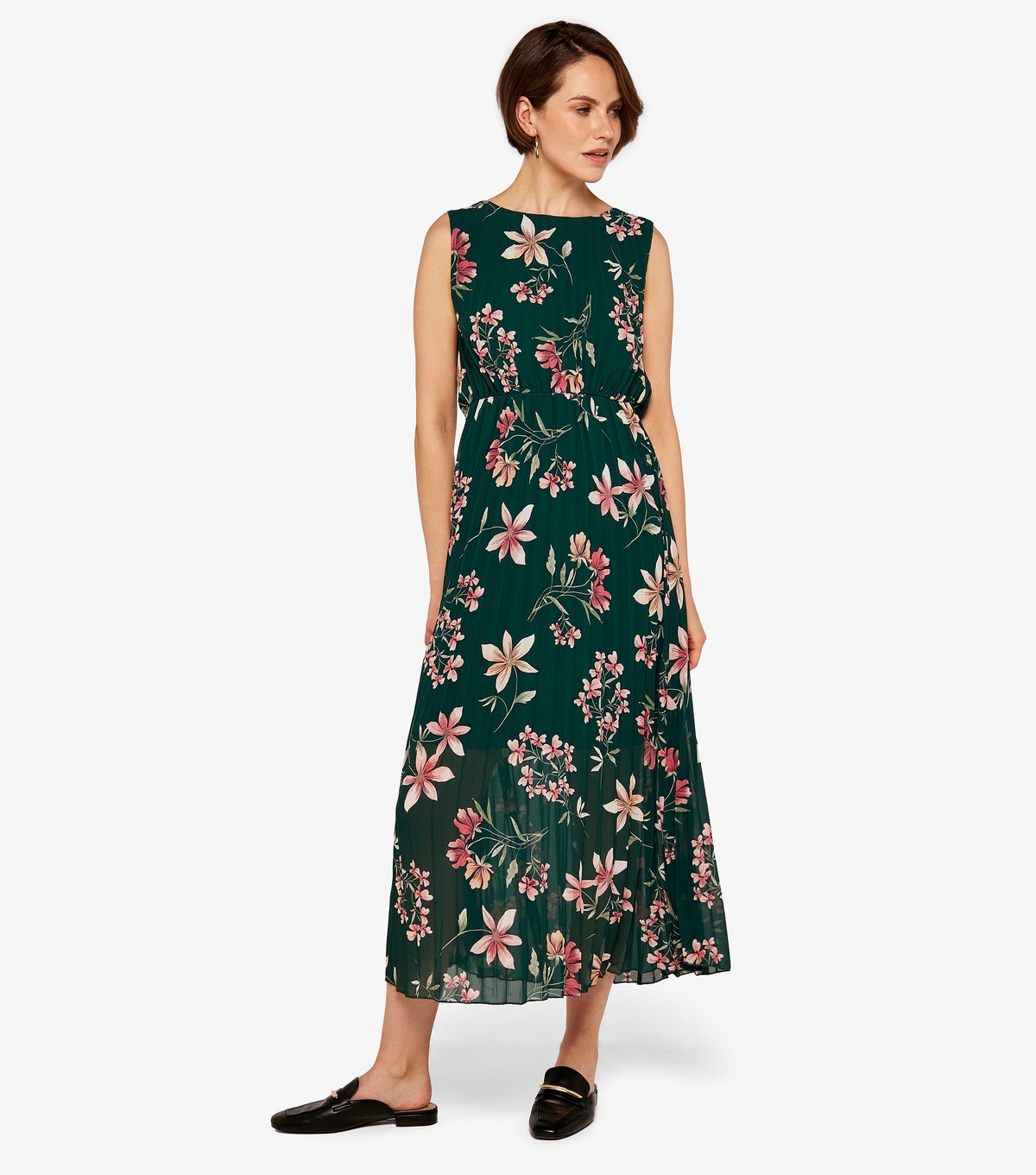 Women's Green Floral Pleated Midi Dress Apricot New Look