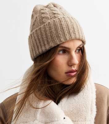 Light Brown Cable Knit Beanie Hat