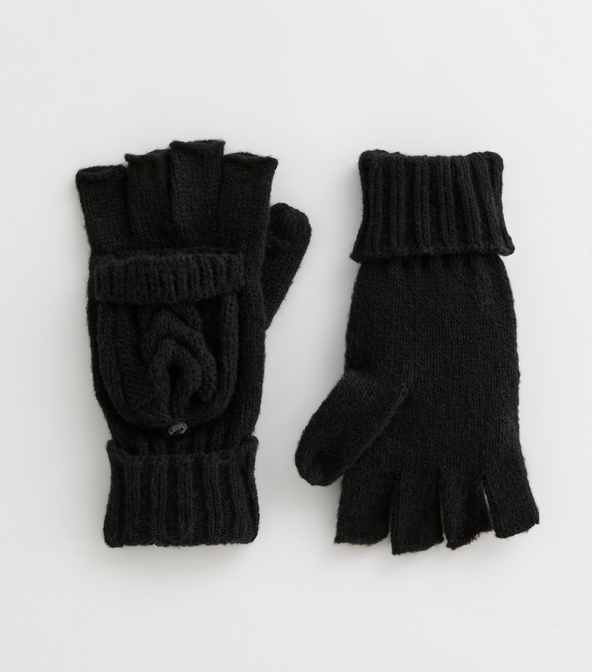 Black Cable Knit Flip Top Gloves New Look