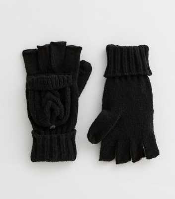 Black Cable Knit Flip Top Gloves