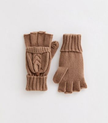 Camel Cable Knit Flip Top Gloves New Look