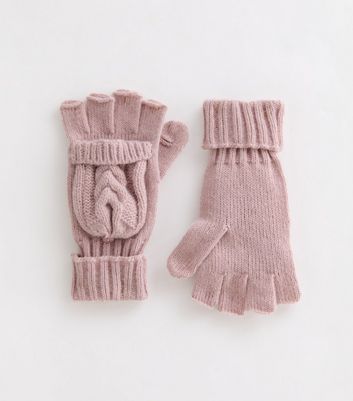 Pink Cable Knit Flip Top Gloves New Look