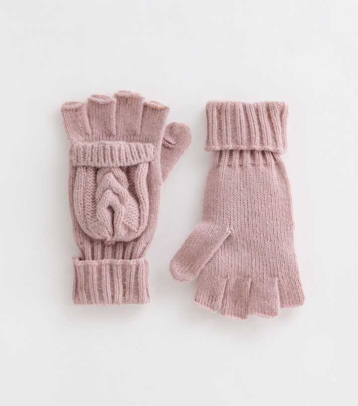 Pink Cable Knit Flip Top Gloves 