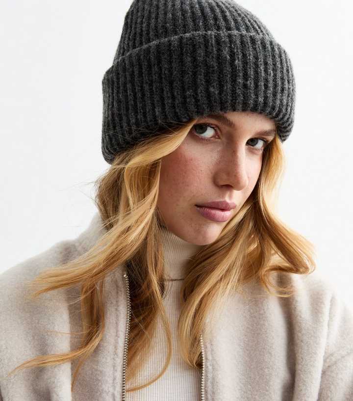 Grey Rib Chunky Knit Beanie Hat New Look - Main Image