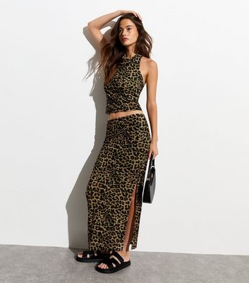 Brown Leopard Print Stretch Mesh Cowl Halter Top New Look