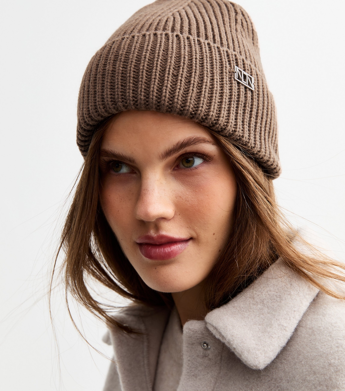Brown Ribbed Knit Metal Logo Beanie New Look