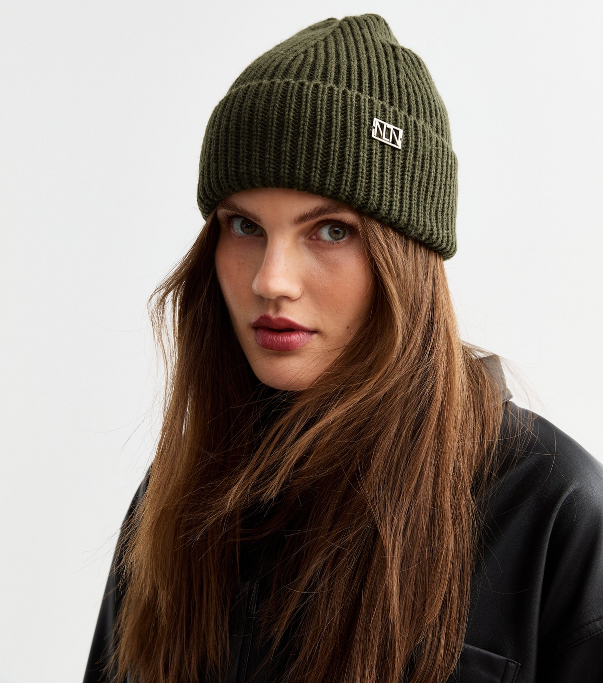 Khaki Ribbed Knit Metal Logo Beanie New Look