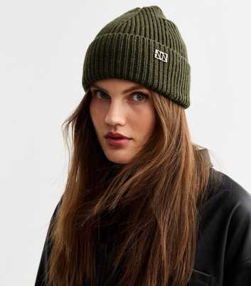 Khaki Ribbed Knit Metal Logo Beanie 