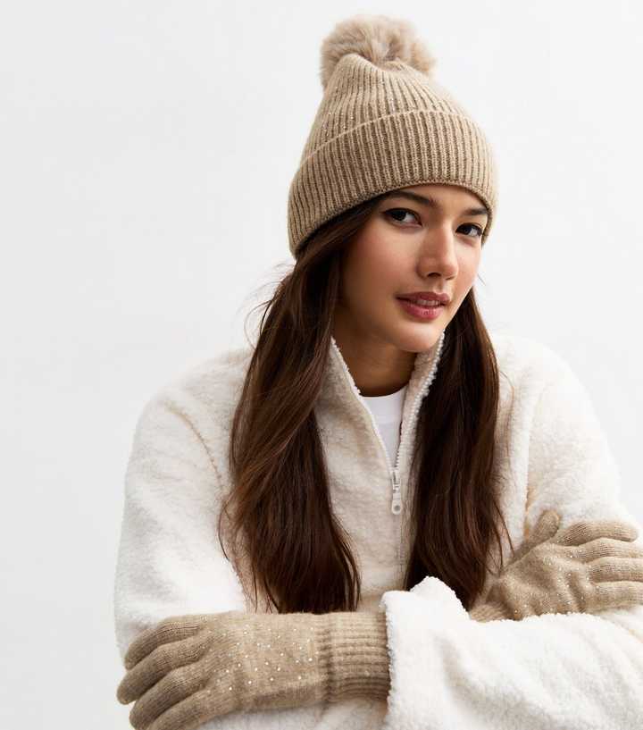 Cream Sequin Knit Bobble Hat and Glove Set New Look