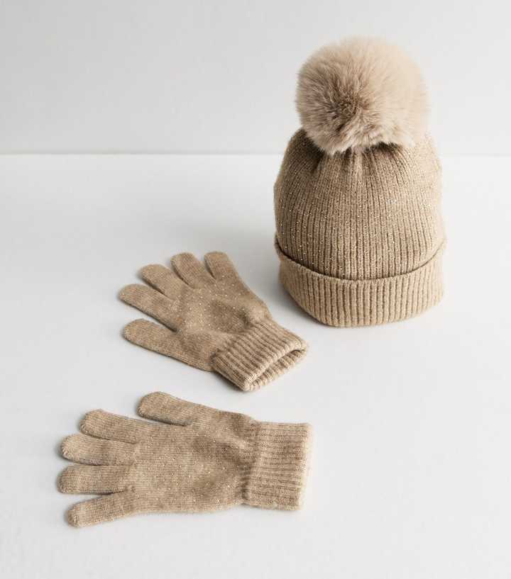 Cream Sequin Knit Bobble Hat and Glove Set New Look