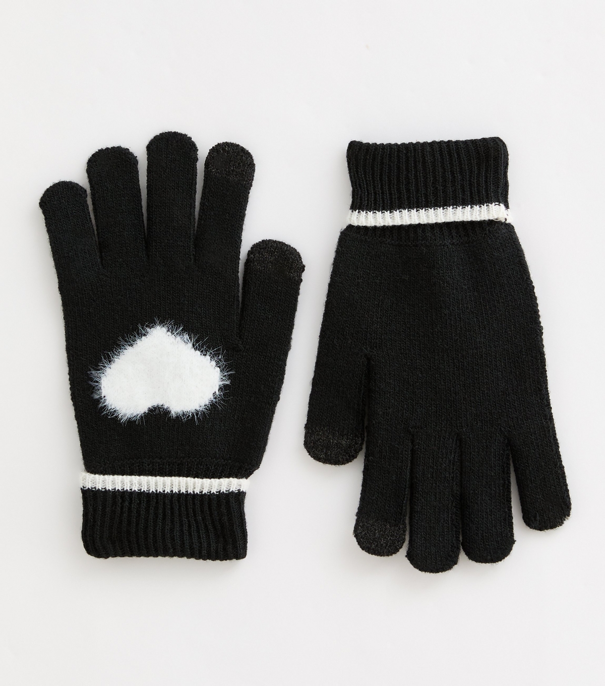 Black Knit Heart Embellished Gloves New Look