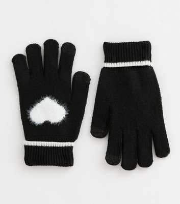 Black Knit Heart Embellished Gloves