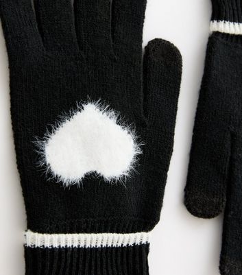 Black Knit Heart Embellished Gloves New Look