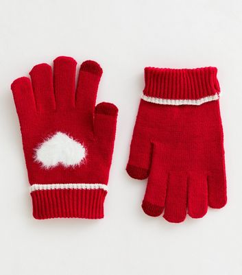 Red Fluffy Heart Gloves New Look