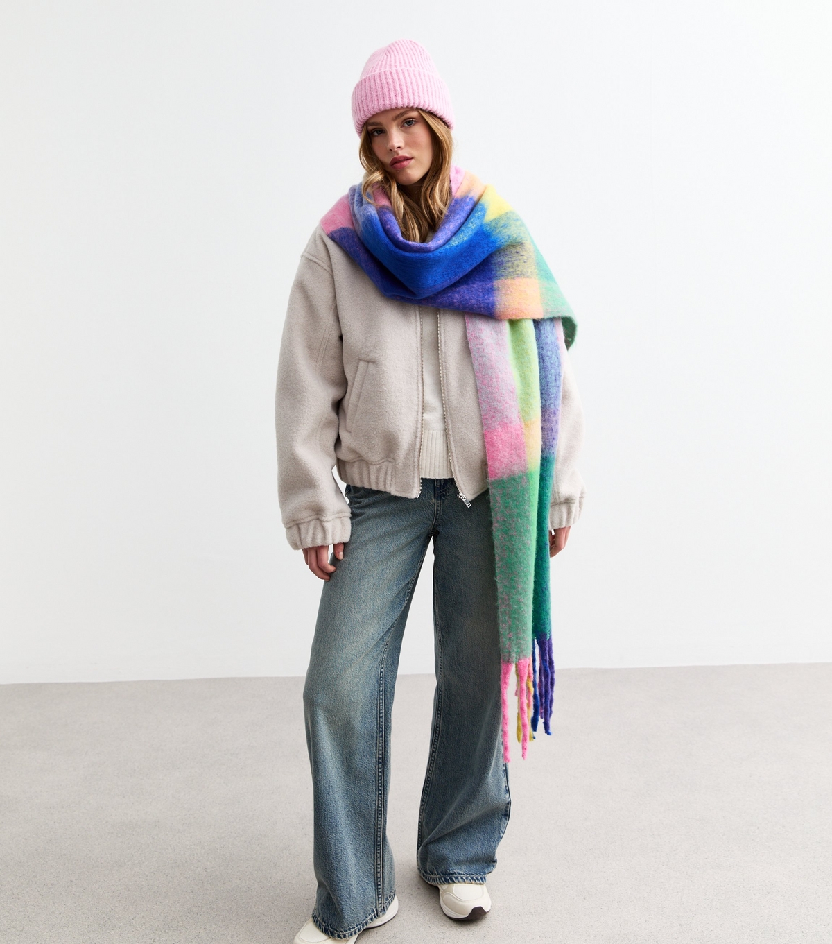 Multicoloured Check Brushed Knit Scarf New Look