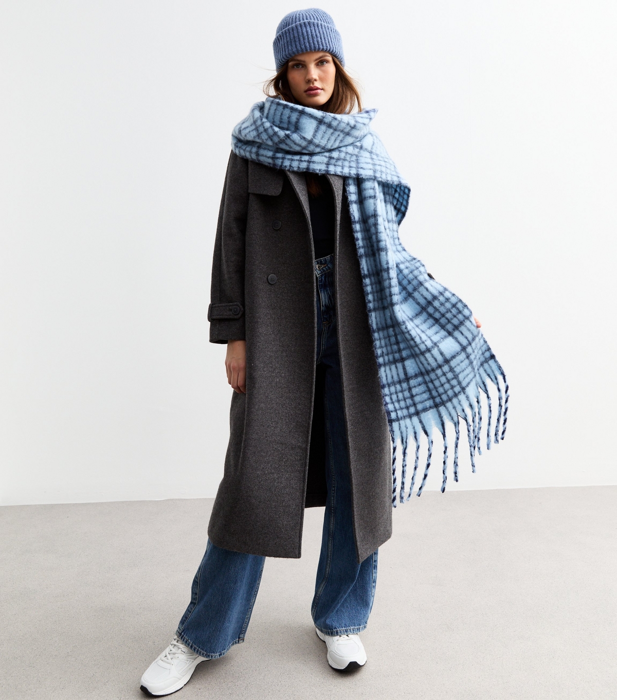 Blue Soft Knit Checked Scarf New Look