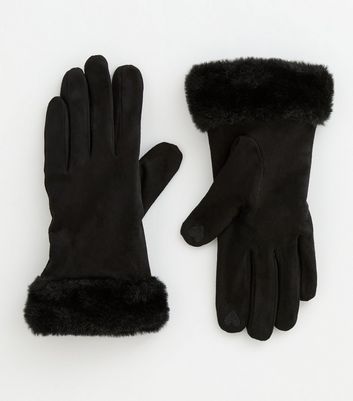 Black Faux Fur Gloves New Look