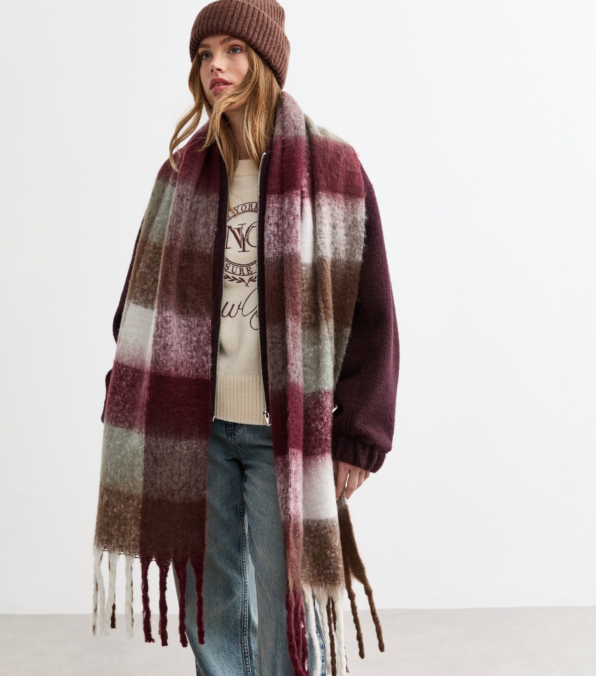 Burgundy Checked Brushed Fringed Scarf New Look