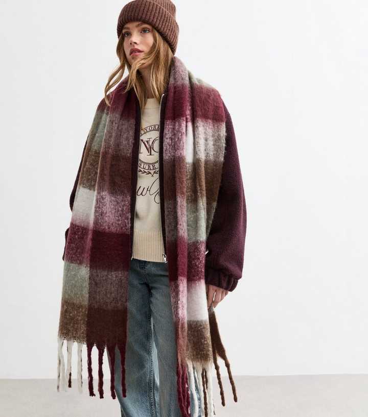 Burgundy Checked Brushed Fringed Scarf
