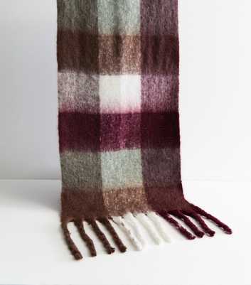 Burgundy Checked Brushed Fringed Scarf