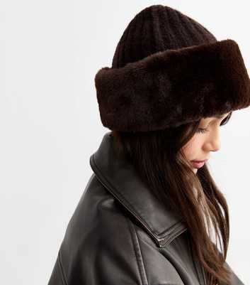 Dark Brown Ribbed Knit Faux Fur Trim Beanie