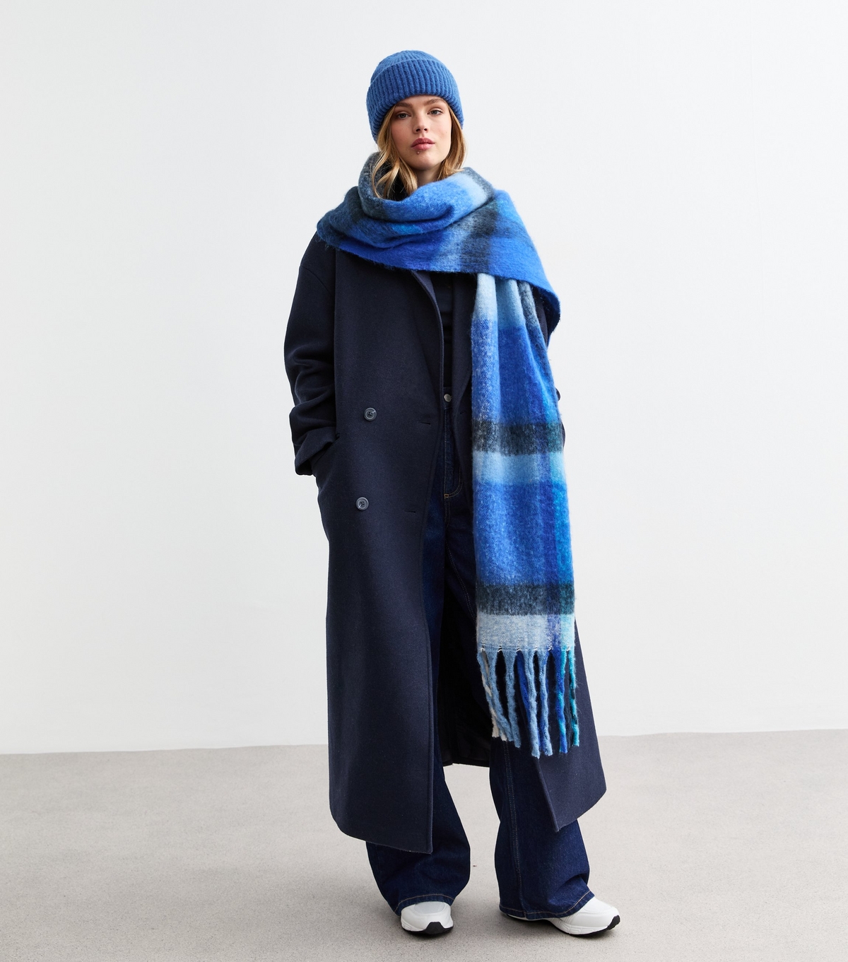 Blue Heavyweight Checked Fringed Scarf New Look