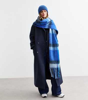 Blue Heavyweight Checked Fringed Scarf