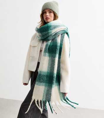 Green Checked Brushed Fringed Scarf