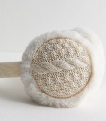 Cream Faux Fur Cable Knit Earmuffs New Look