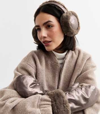 Brown Metallic Faux Shearling Mittens and Earmuffs Set