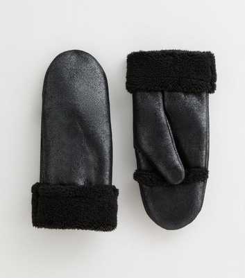 Black Metallic Faux Suede Shearling Mittens