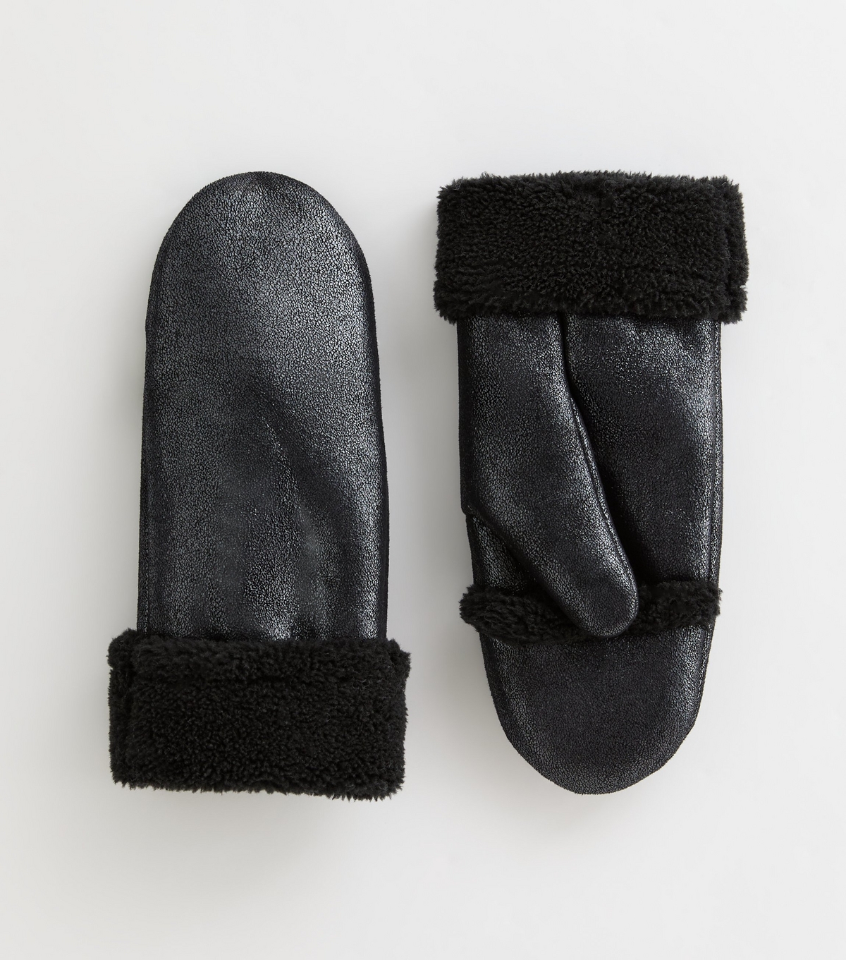 Black Metallic Faux Suede Shearling Mittens New Look