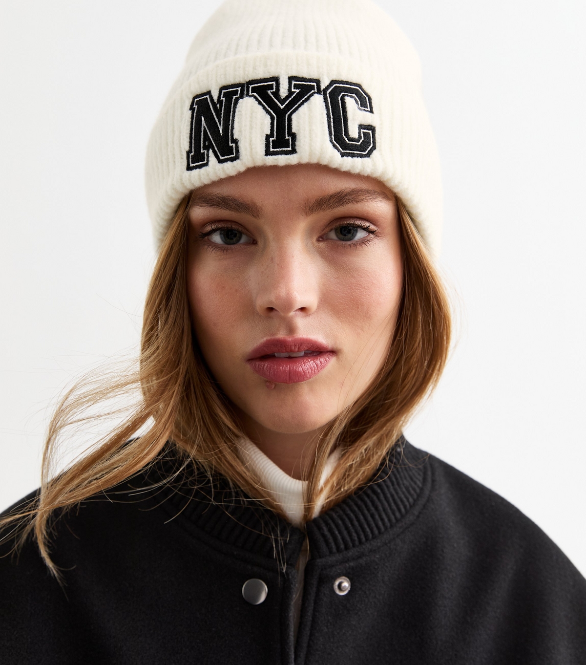 White NYC Embroidered Beanie New Look