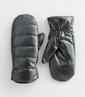 Grey Shiny Faux Fur Lined Puffer Mittens