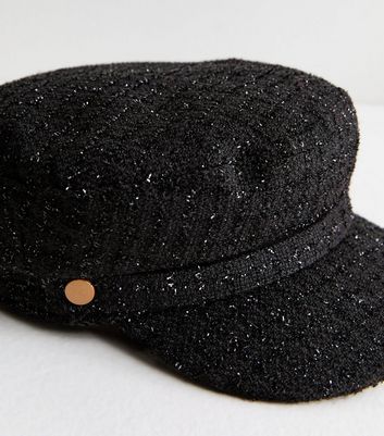 Black Boucle Sparkle Baker Boy Hat New Look